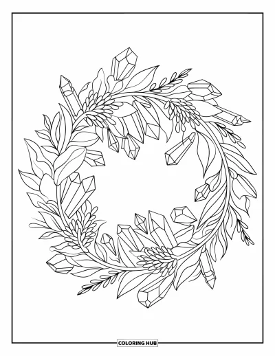 Desenho de cristal para colorir para adultos: Uma guirlanda botânica feita de folhas, flores e cristais de várias formas e tamanhos