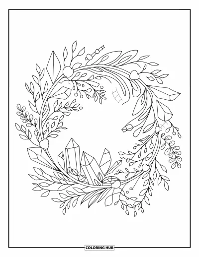 Desenho de cristal para colorir para adultos: Uma guirlanda botânica com folhas, flores e cristais, com contornos limpos e ousados