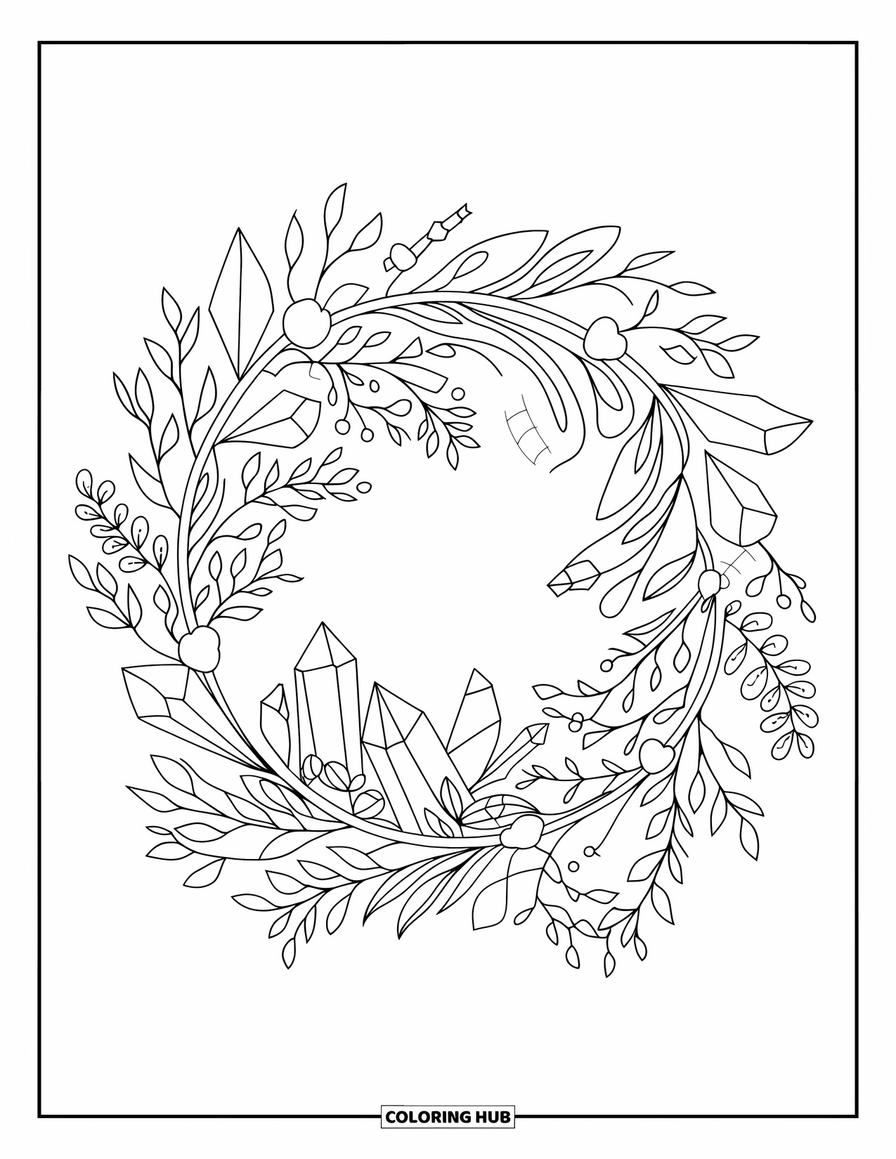 Crystal Coloring Page for Adults: A botanical wreath with leaves, flowers, and crystals, with clean, bold outlines