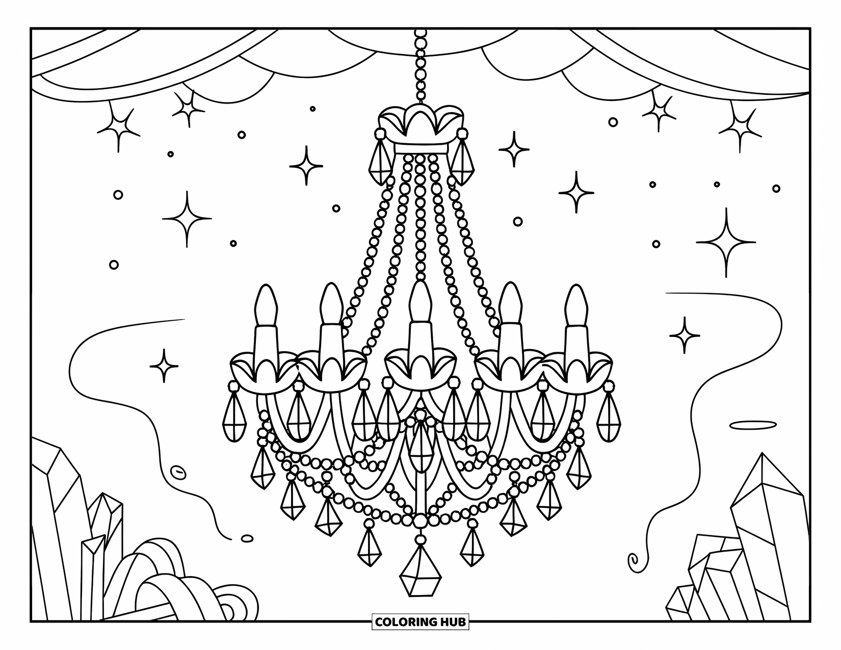 Crystal Coloring Page for Adults: A charming crystal chandelier hanging from a starry ceiling, with playful doodle elements