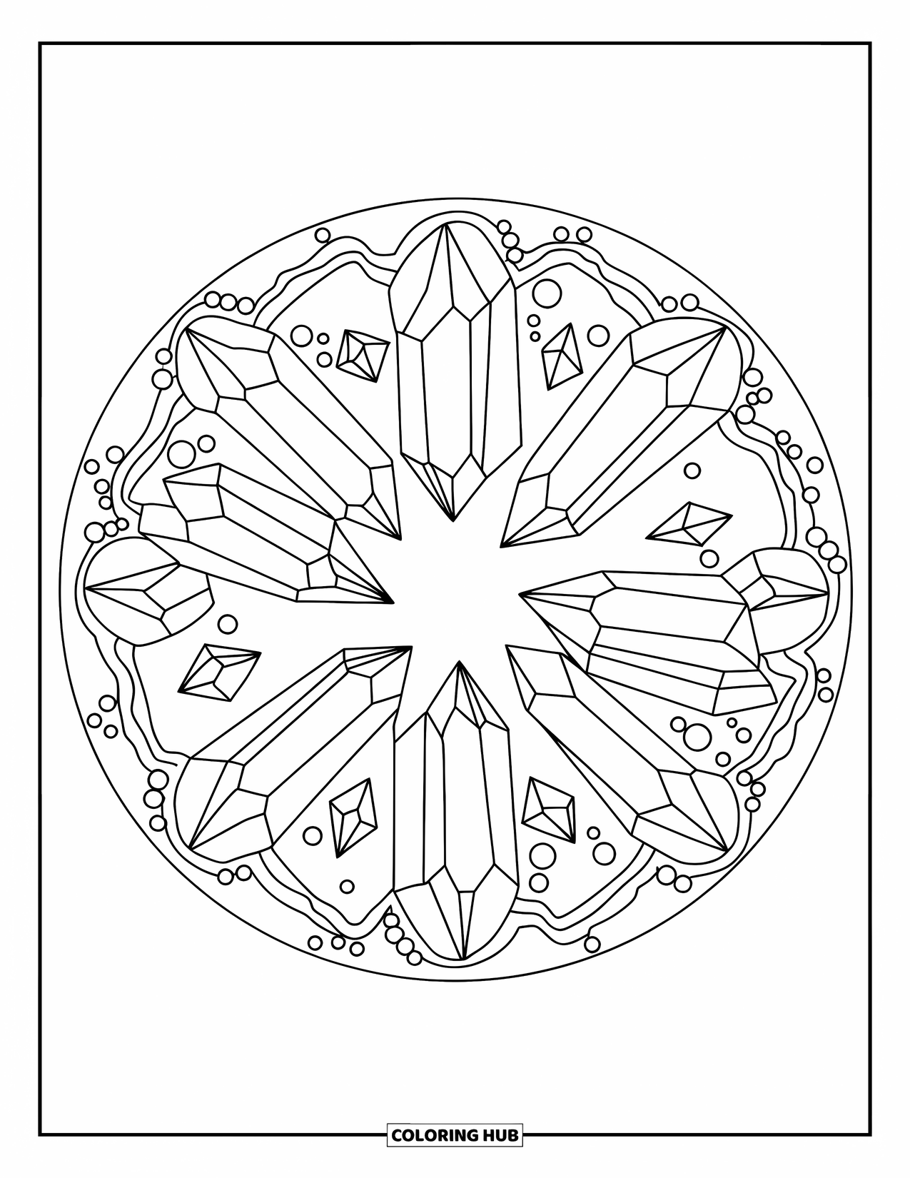 Crystal Coloring Page for Adults: A circular arrangement of crystals with decorative dots and lines filling the gaps