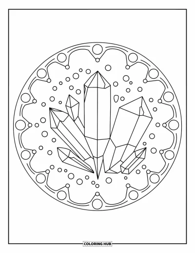 Desenho de Cristal para Colorir para Adultos: Uma disposição circular de cristais com pontos decorativos e linhas preenchendo as lacunas