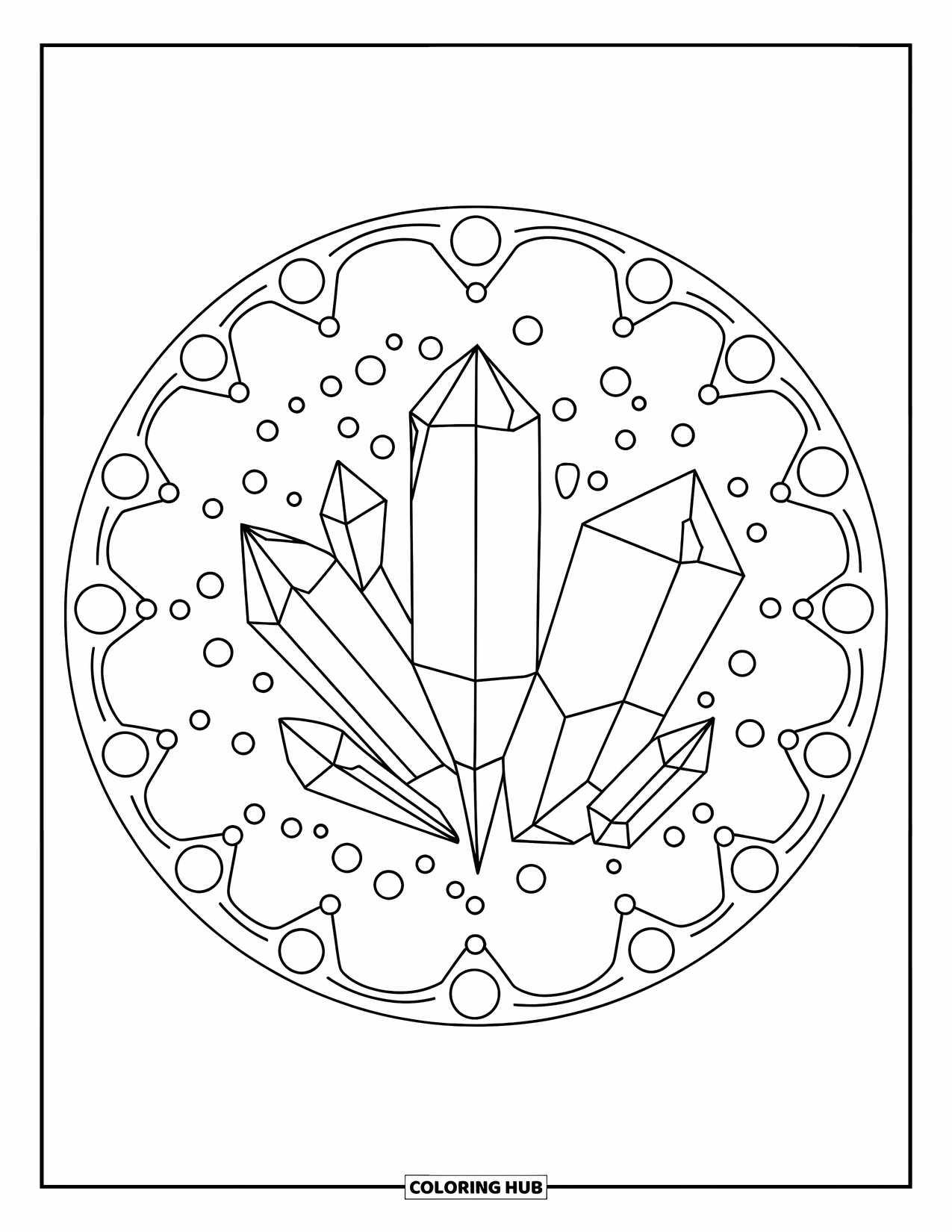 Crystal Coloring Page for Adults: A circular arrangement of crystals with decorative dots and lines filling the gaps