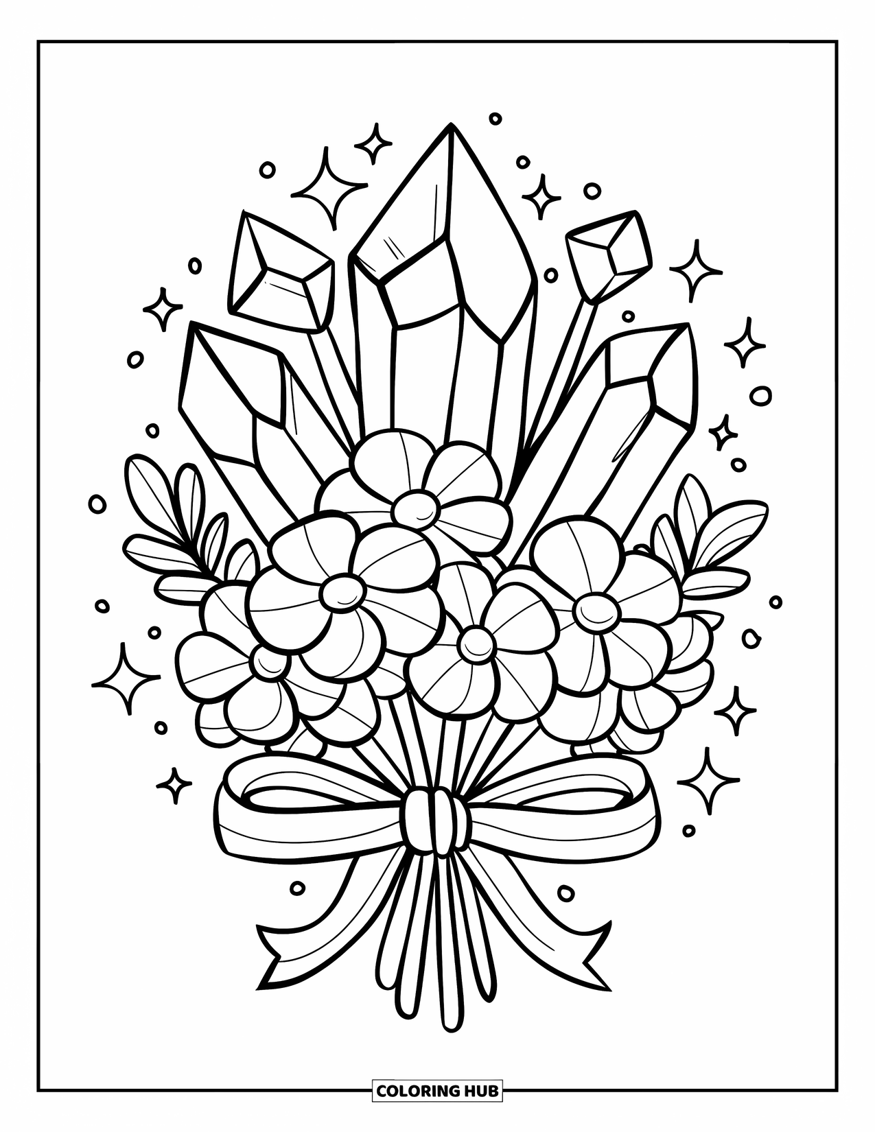 Crystal Coloring Page for Adults: A crystal bouquet of flowers with rounded petals, wrapped in a ribbon with sparkles