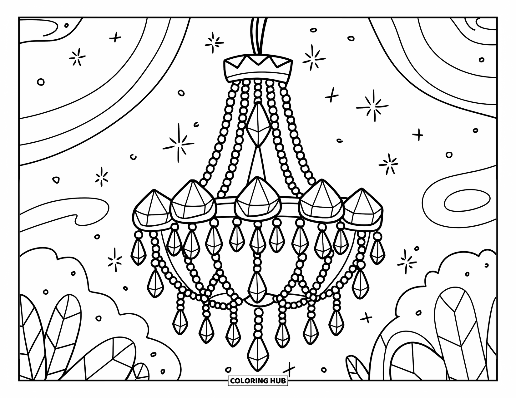 Crystal Coloring Page for Adults: A crystal chandelier with stars in the background, designed with cute, playful elements
