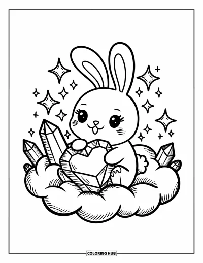 Desenho de Cristal para Colorir para Adultos: Um coelhinho kawaii abraçando um cristal em forma de coração em uma nuvem, com estrelas brilhantes e cristais crescendo