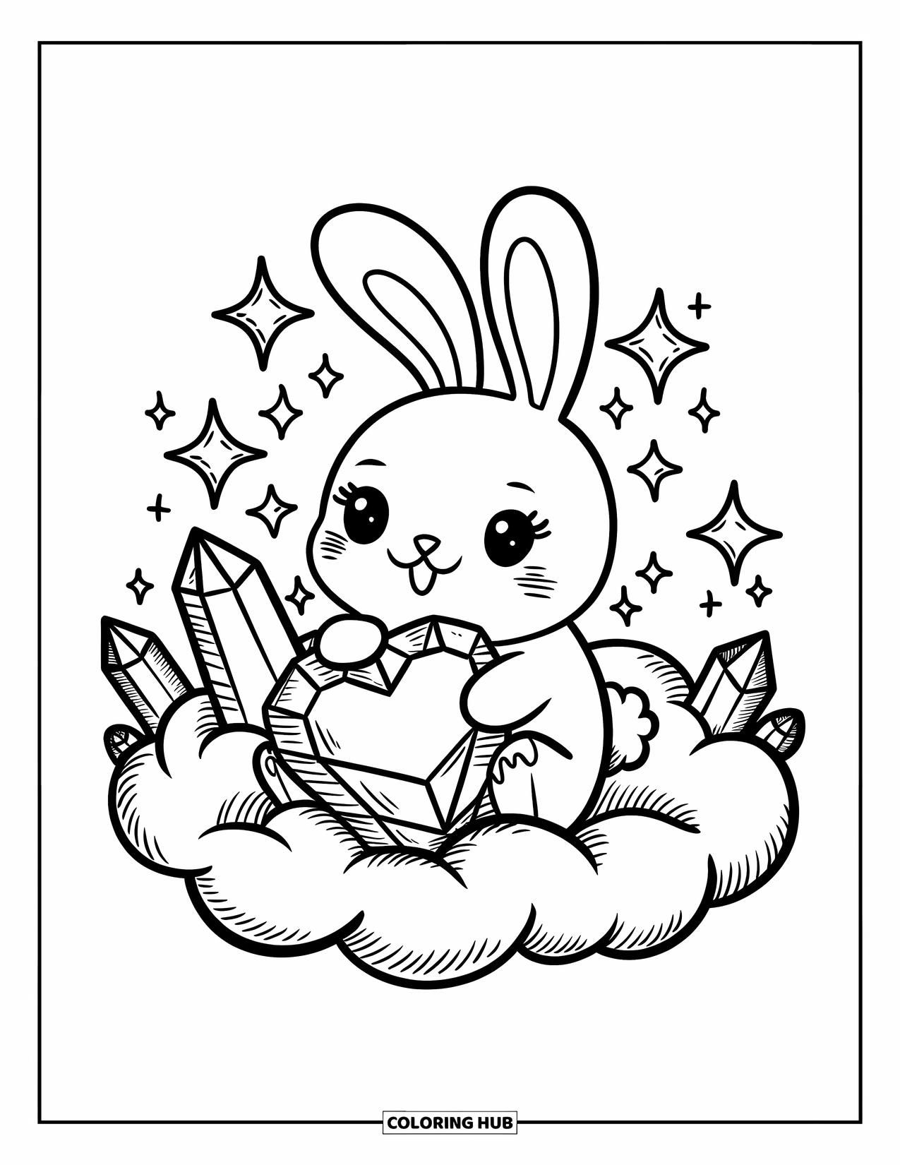 Crystal Coloring Page for Adults: A kawaii bunny hugging a heart-shaped crystal on a cloud, with sparkling stars and growing crystals