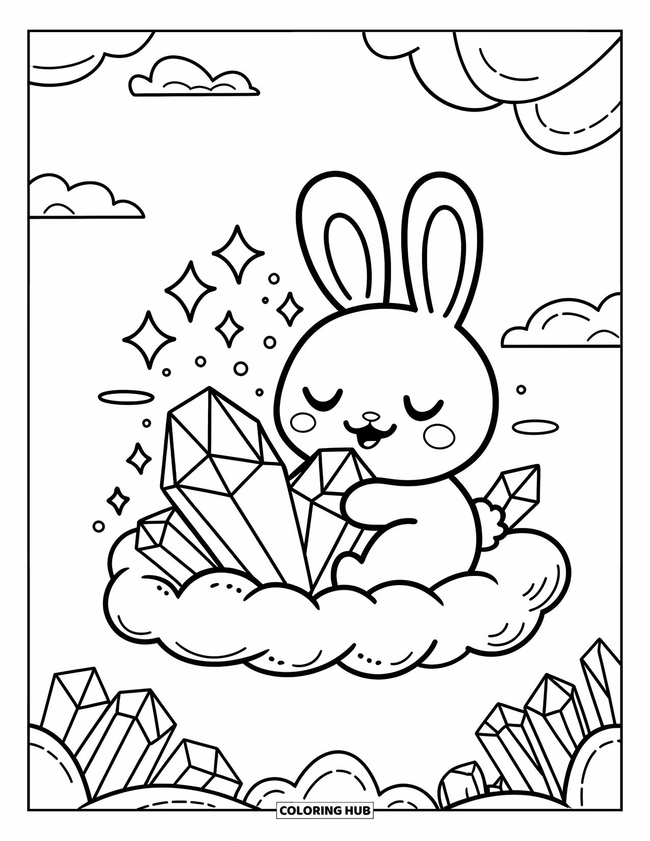 Crystal Coloring Page for Adults: A kawaii bunny on a cloud, hugging a crystal surrounded by stars and smaller growing crystals
