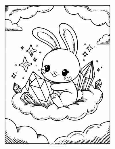 Desenho de Cristal para Colorir para Adultos: Um coelhinho kawaii sentado em uma nuvem macia, abraçando um cristal em forma de coração com estrelas flutuantes
