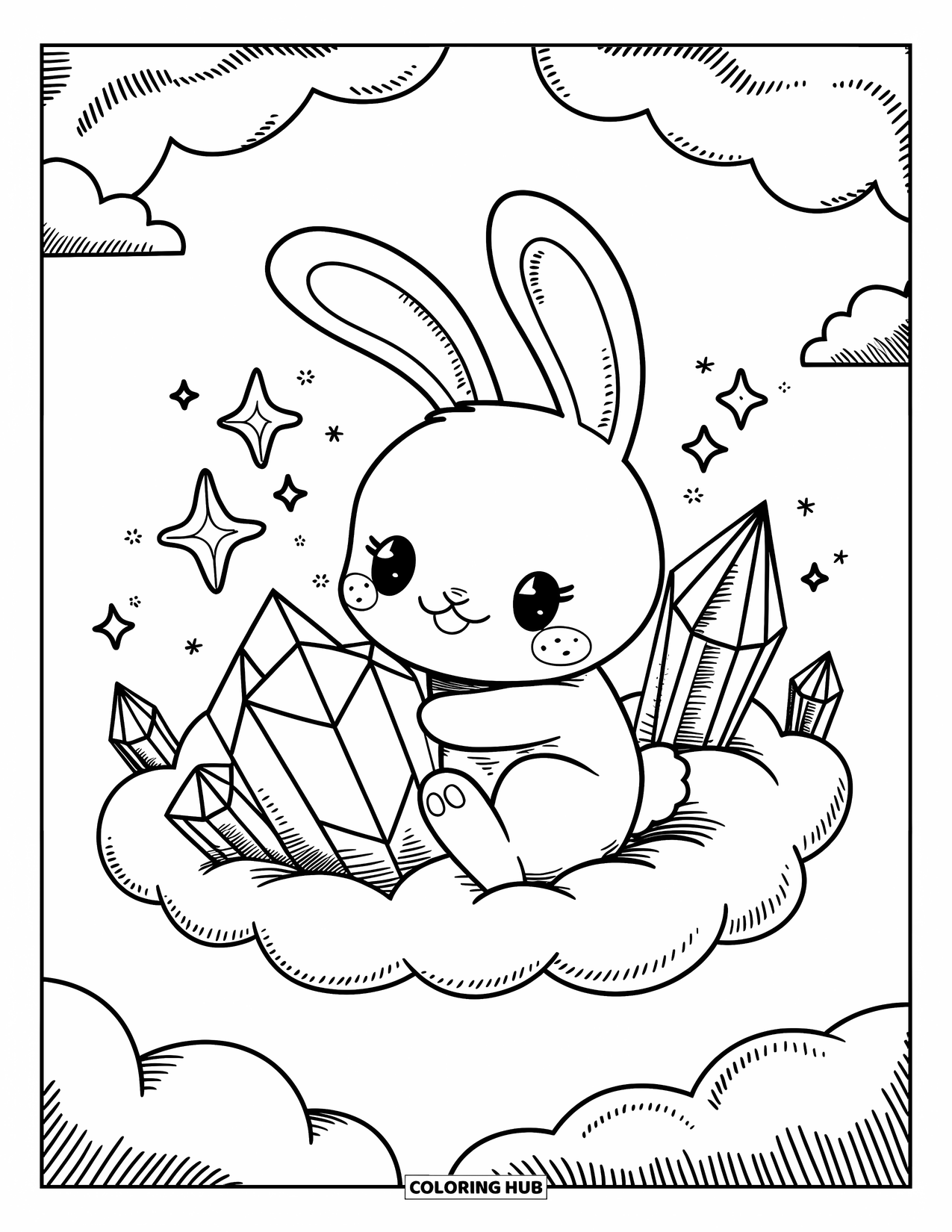 Crystal Coloring Page for Adults: A kawaii bunny sitting on a soft cloud, hugging a heart-shaped crystal with floating stars