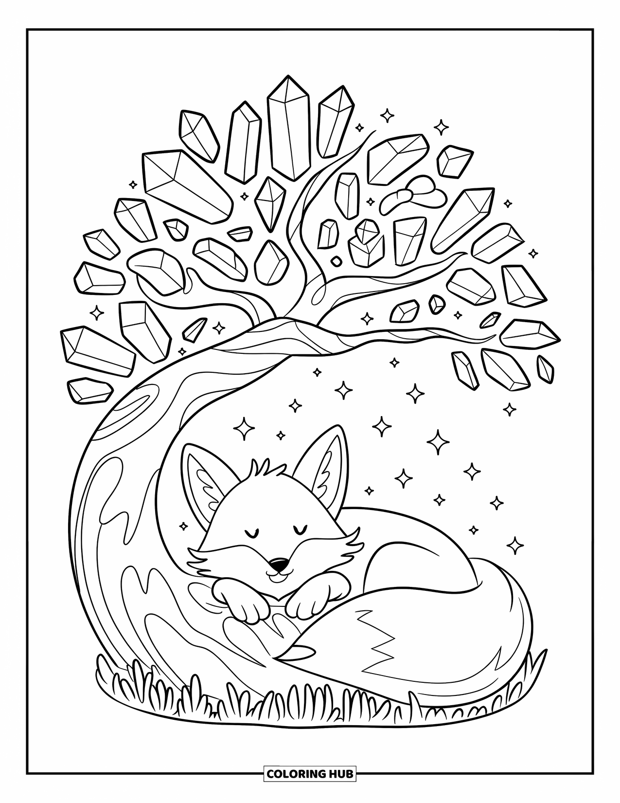 Crystal Coloring Page for Adults: A kawaii fox resting under a crystal tree, with sparkling leaves and a gentle breeze