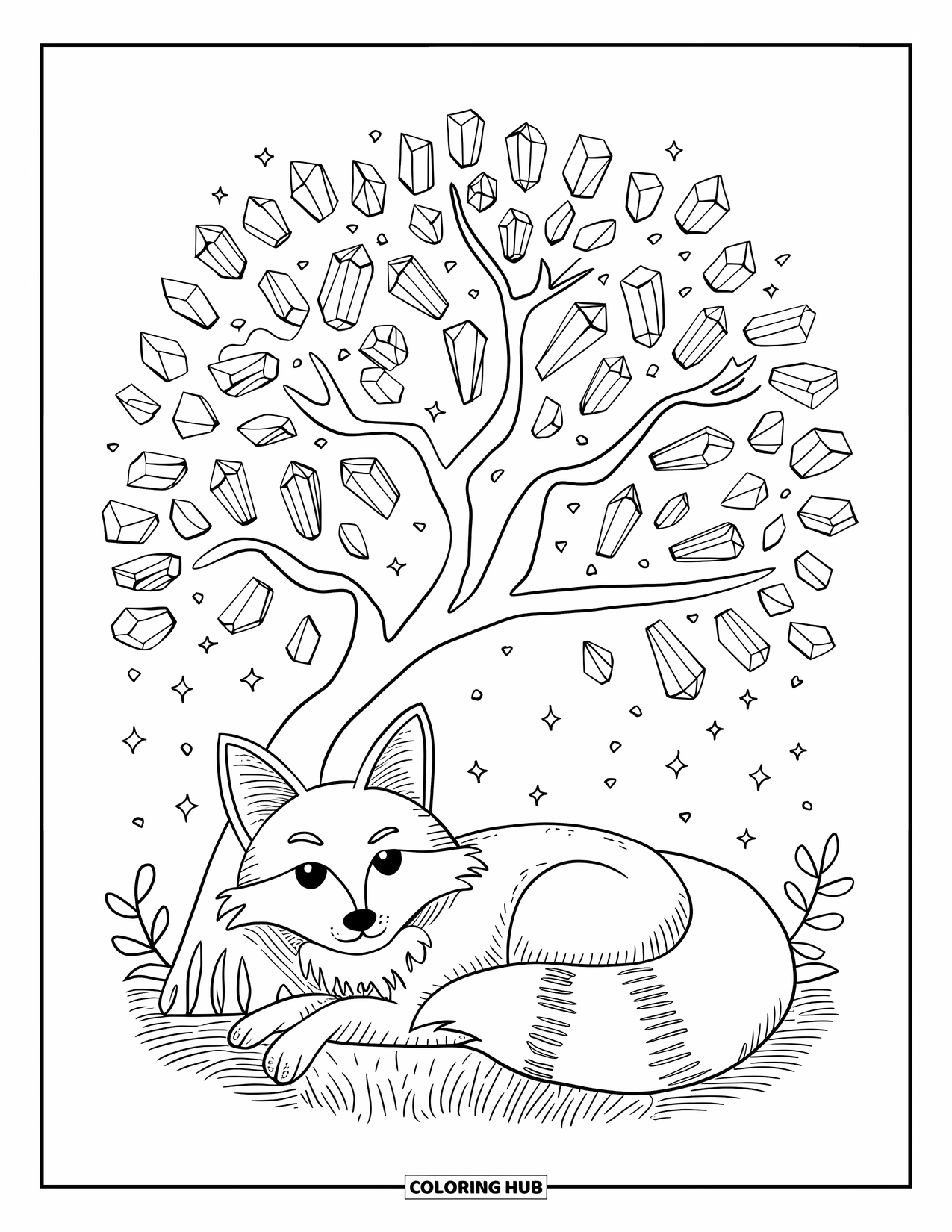 Crystal Coloring Page for Adults: A kawaii fox resting under a crystal tree, with sparkling leaves and soft, simplified elements