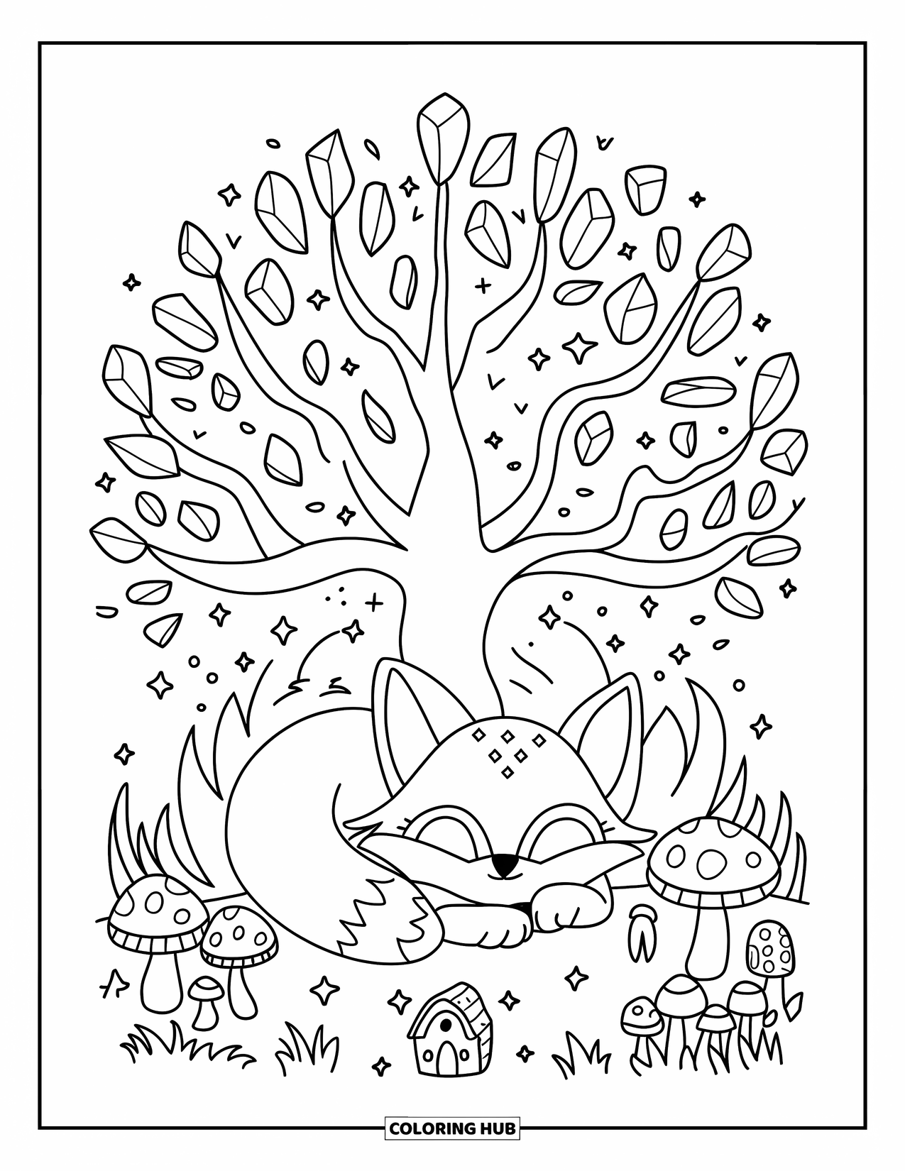 Crystal Coloring Page for Adults: A kawaii fox under a crystal tree, surrounded by mushrooms, a small house, and sparkles