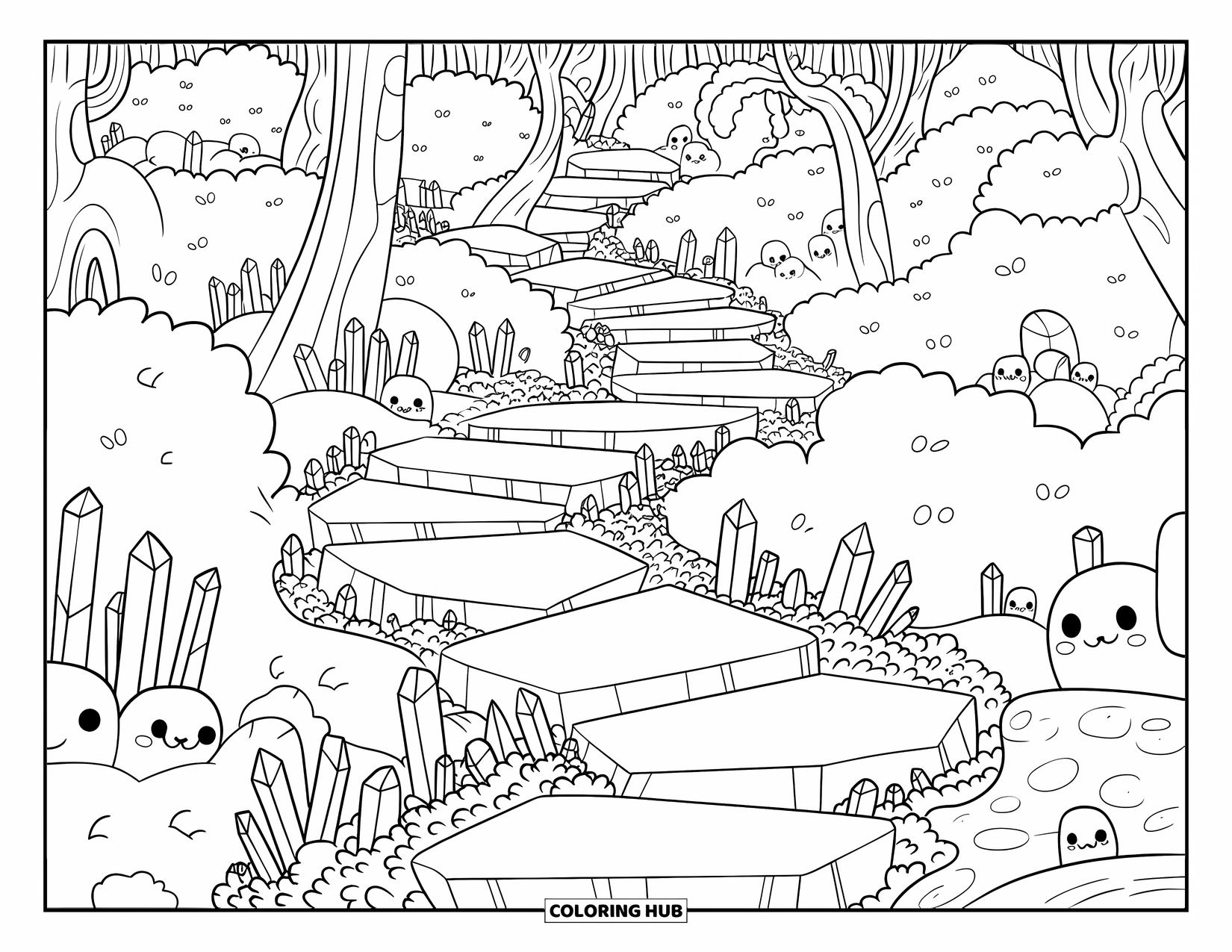 Crystal Coloring Page for Adults: A kawaii-style forest with a winding crystal pathway lined with tiny crystal sprouts