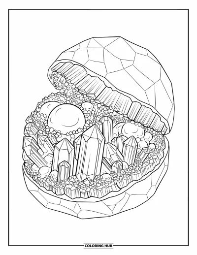 Desenho de cristal para colorir para adultos: Uma grande geode cortada ao meio, com formações detalhadas de cristais de várias formas