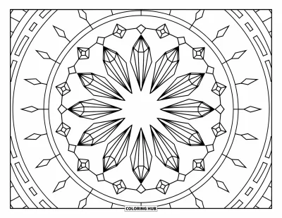Desenho de cristal para colorir para adultos: Uma mandala de cristais com padrões geométricos, com cristais menores ao redor da borda