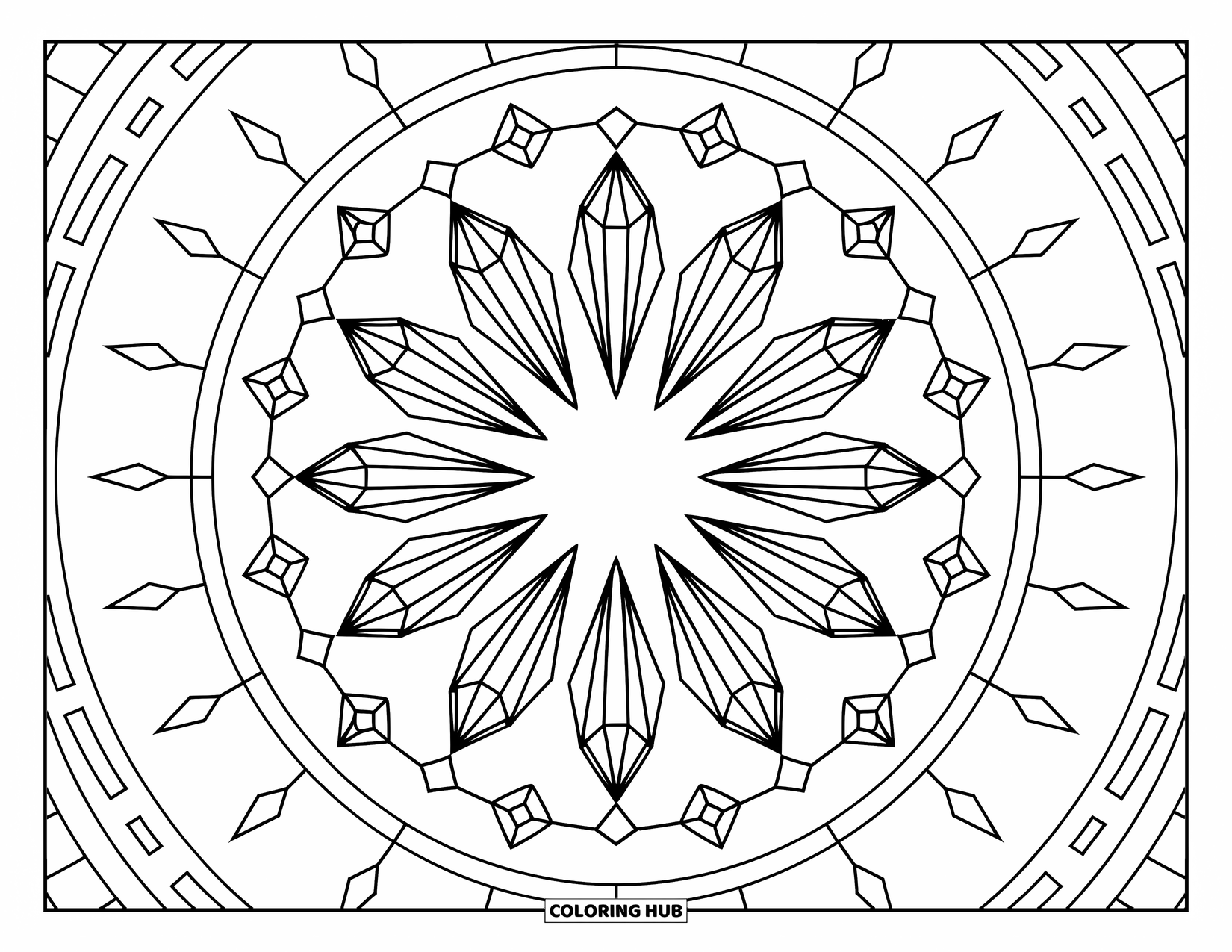 Crystal Coloring Page for Adults: A mandala of crystals with geometric patterns, with smaller crystals around the edge