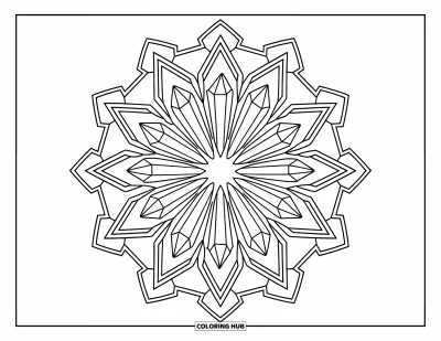 Desenho de cristal para colorir para adultos: Uma disposição de cristais em estilo mandala irradiando do centro, cercada por formas geométricas