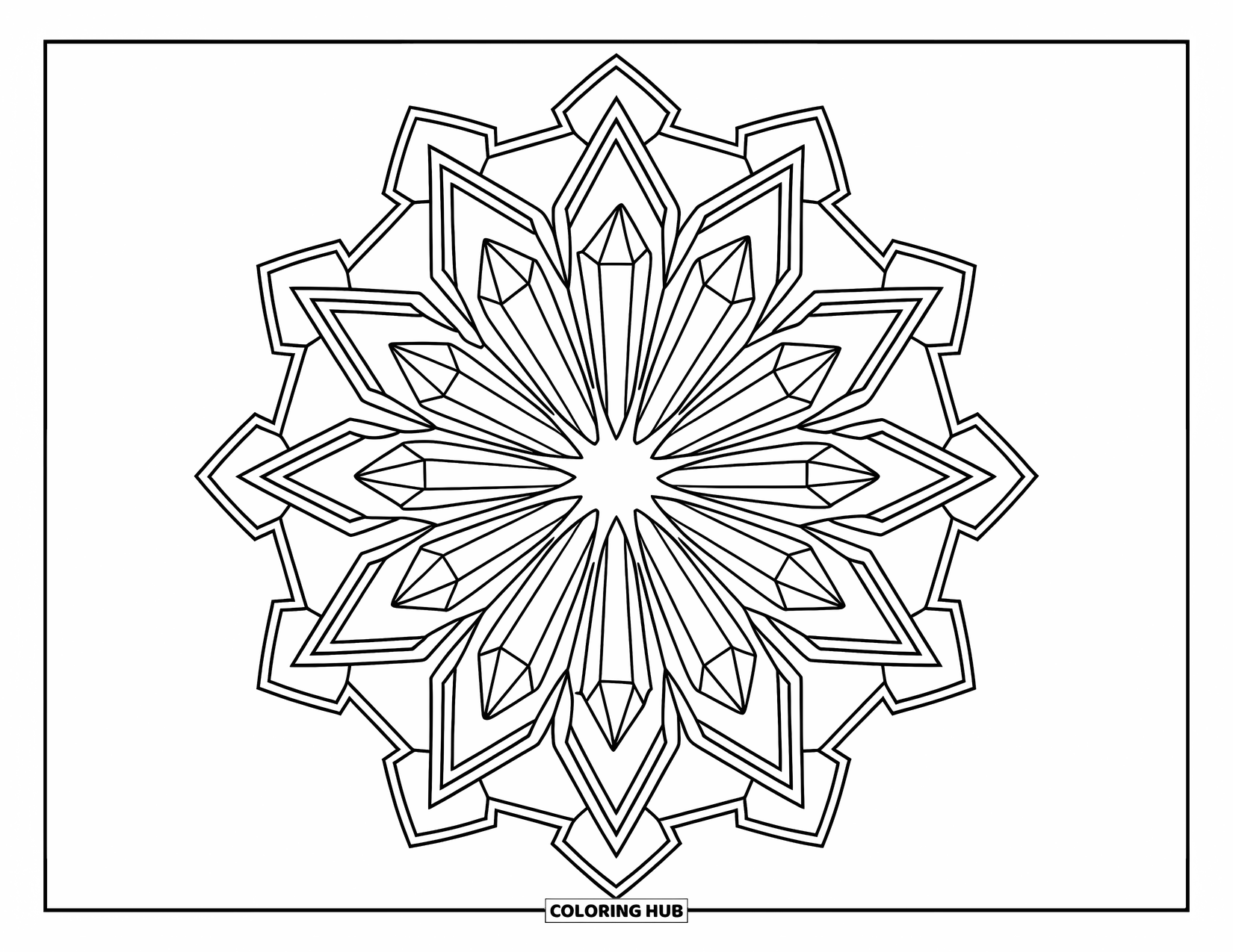 Crystal Coloring Page for Adults: A mandala-style arrangement of crystals radiating from the center, surrounded by geometric shapes