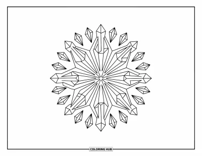 Desenho de cristal para colorir para adultos: Uma disposição de cristais em estilo mandala com formas geométricas e um fundo simples