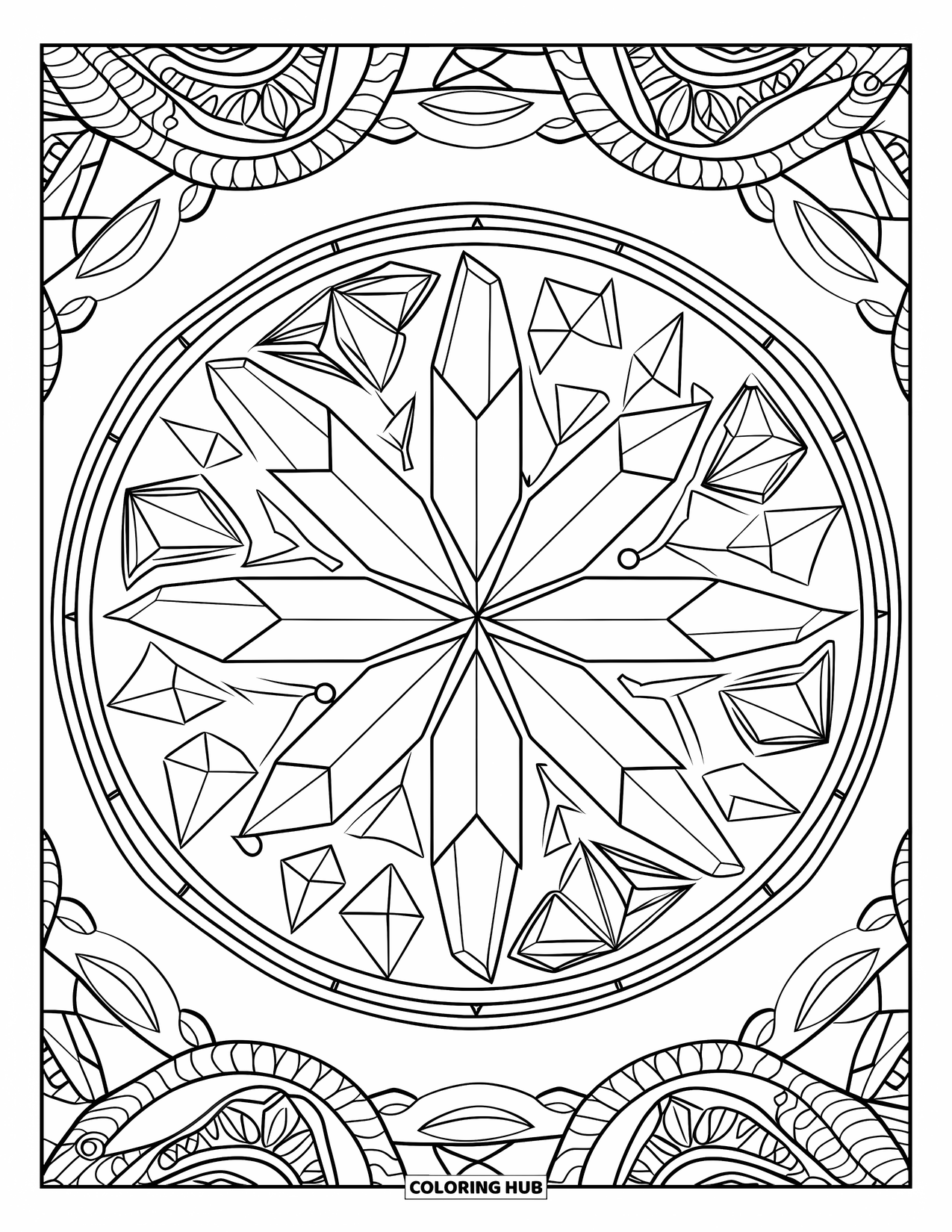 Crystal Coloring Page for Adults: A mandala with a circular arrangement of crystals, filled with decorative dots and lines