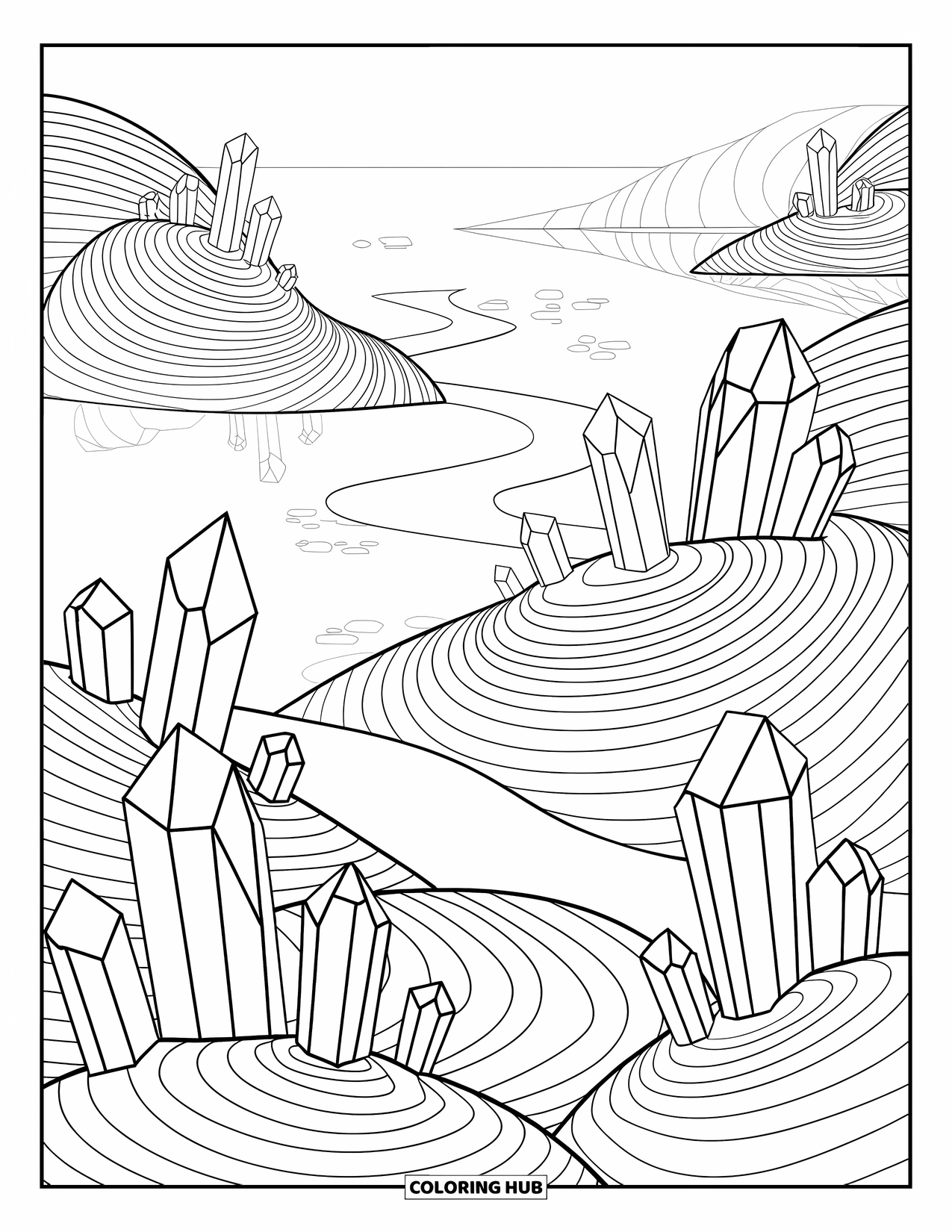 Crystal Coloring Page for Adults: A peaceful landscape with crystals sprouting from hills, a path, and a serene lake