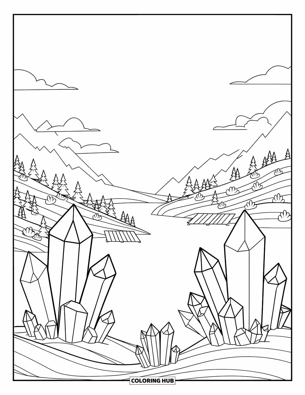 Crystal Coloring Page for Adults: A peaceful landscape with crystals sprouting from hills, trees, and a serene lake