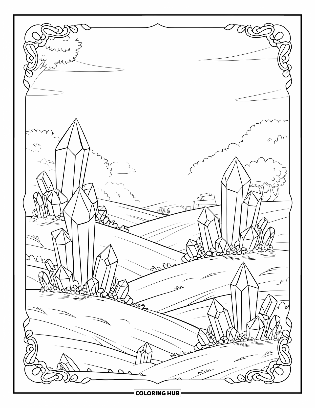 Crystal Coloring Page for Adults: A peaceful landscape with crystals sprouting from rolling hills and a distant building