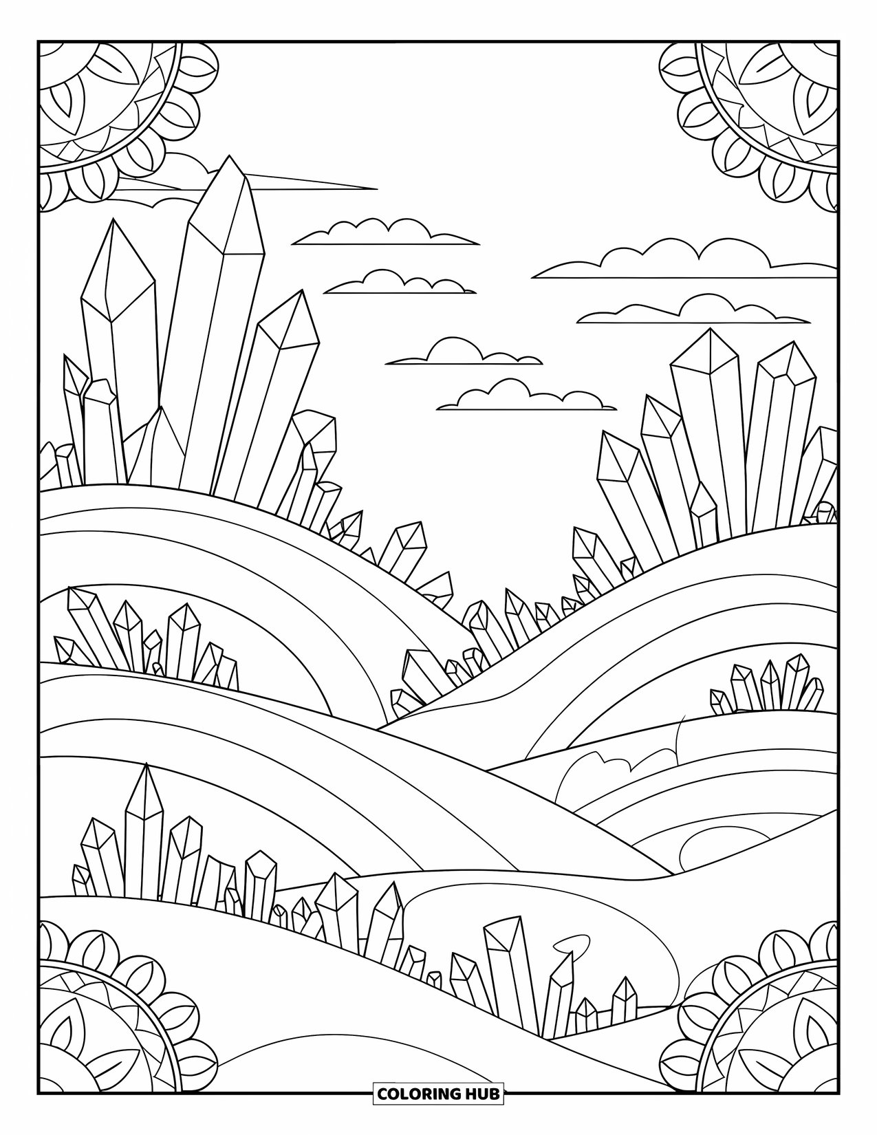 Crystal Coloring Page for Adults: A peaceful landscape with crystals sprouting from rolling hills and intricate patterns