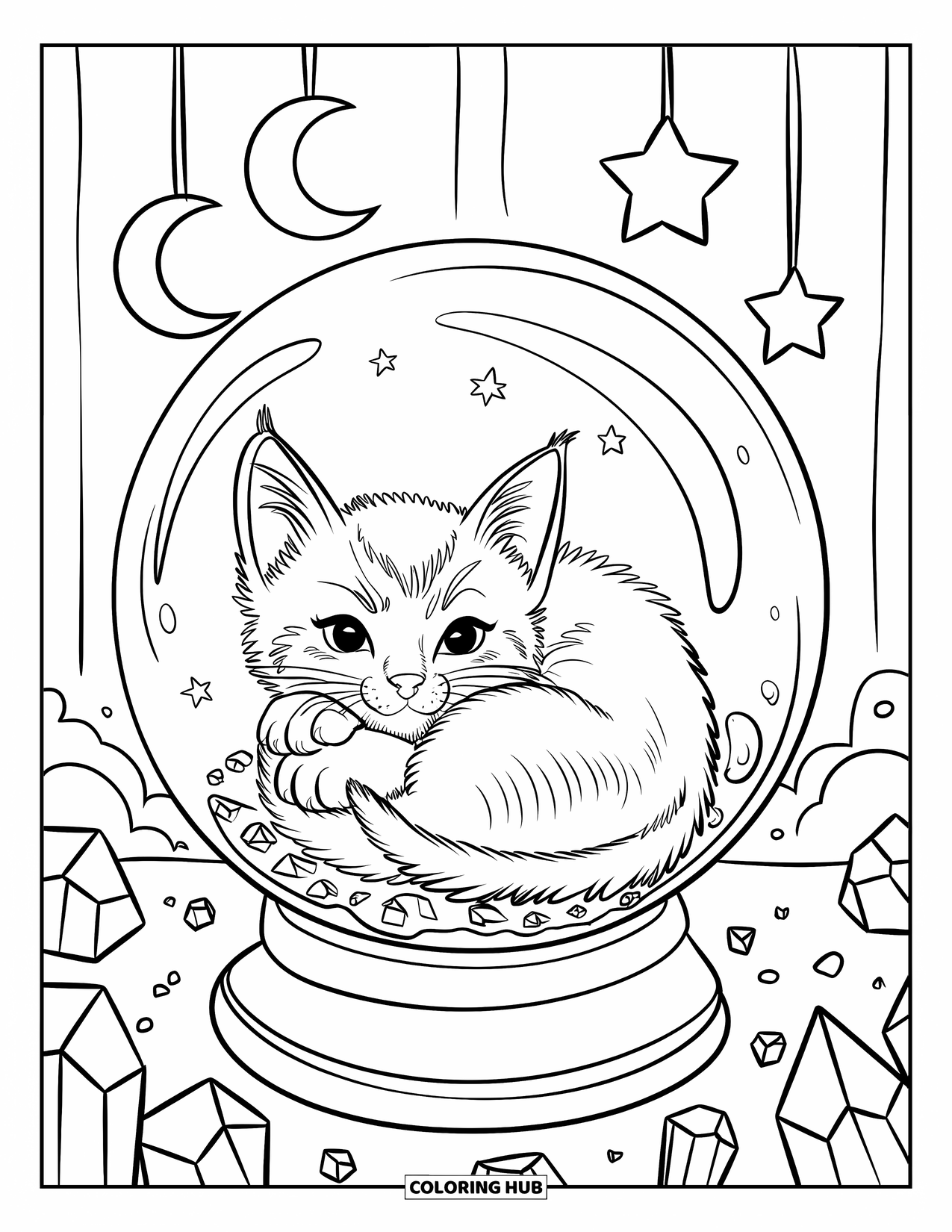 Crystal Coloring Page for Adults: A playful kitten inside a crystal ball, decorated with moon and stars, and small crystals