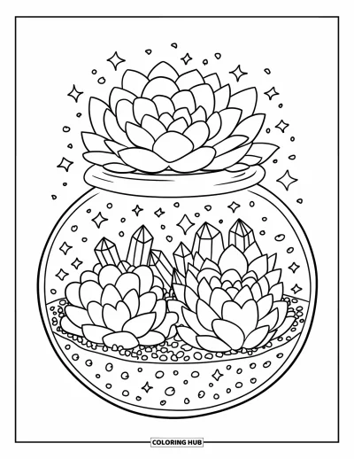 Desenho de Cristal para Colorir para Adultos: Um terrário redondo cheio de suculentas fofas e pequenos cristais, com folhas em forma de coração e pequenas estrelas