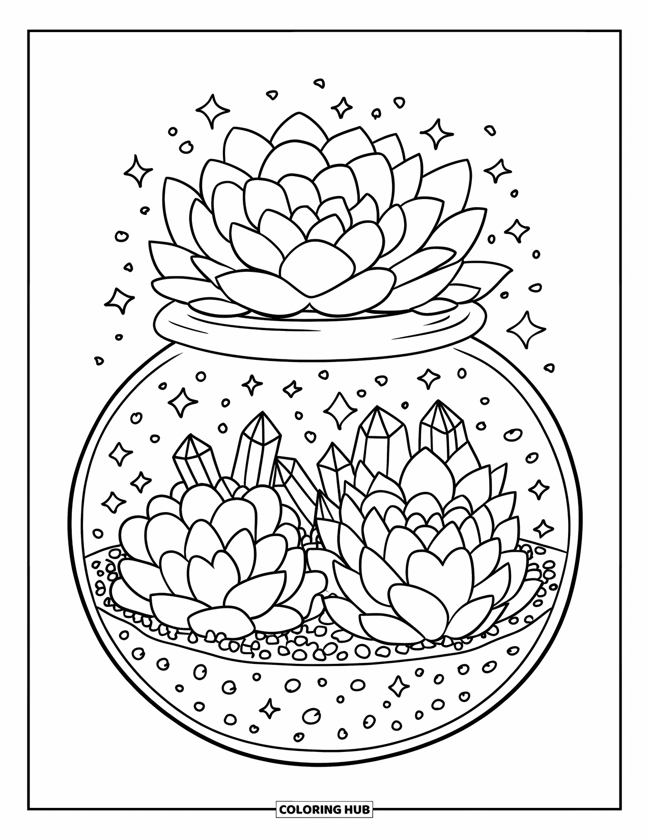 Crystal Coloring Page for Adults: A round terrarium filled with cute succulents and small crystals, with heart-shaped leaves and tiny stars