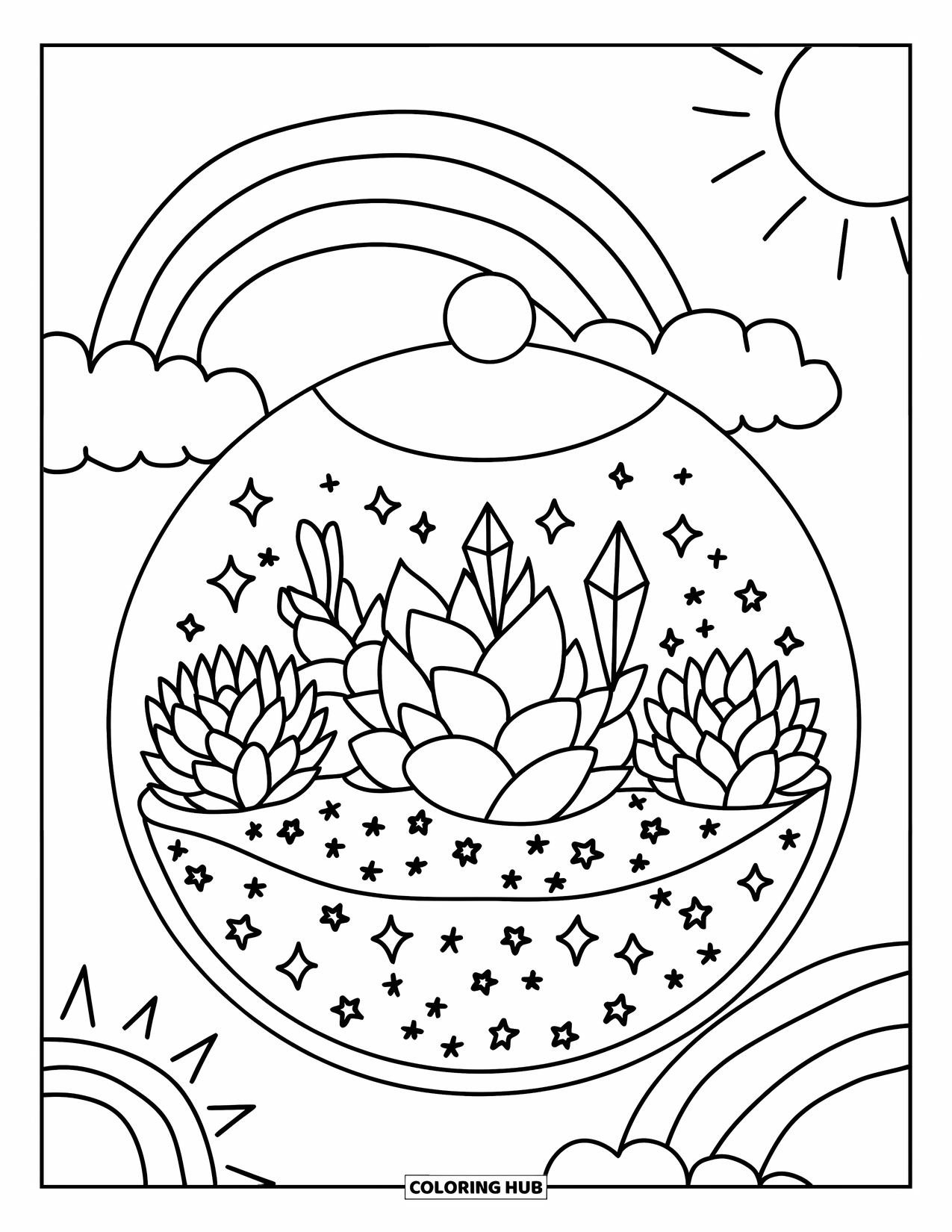 Crystal Coloring Page for Adults: A round terrarium with heart-shaped succulents, tiny stars, and a rainbow, cloud, and sun