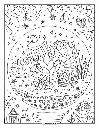 Desenho de Cristal para Colorir para Adultos: Um terrário redondo com suculentas em forma de coração, pequenas estrelas e elementos em miniatura como uma casa e um bule de chá