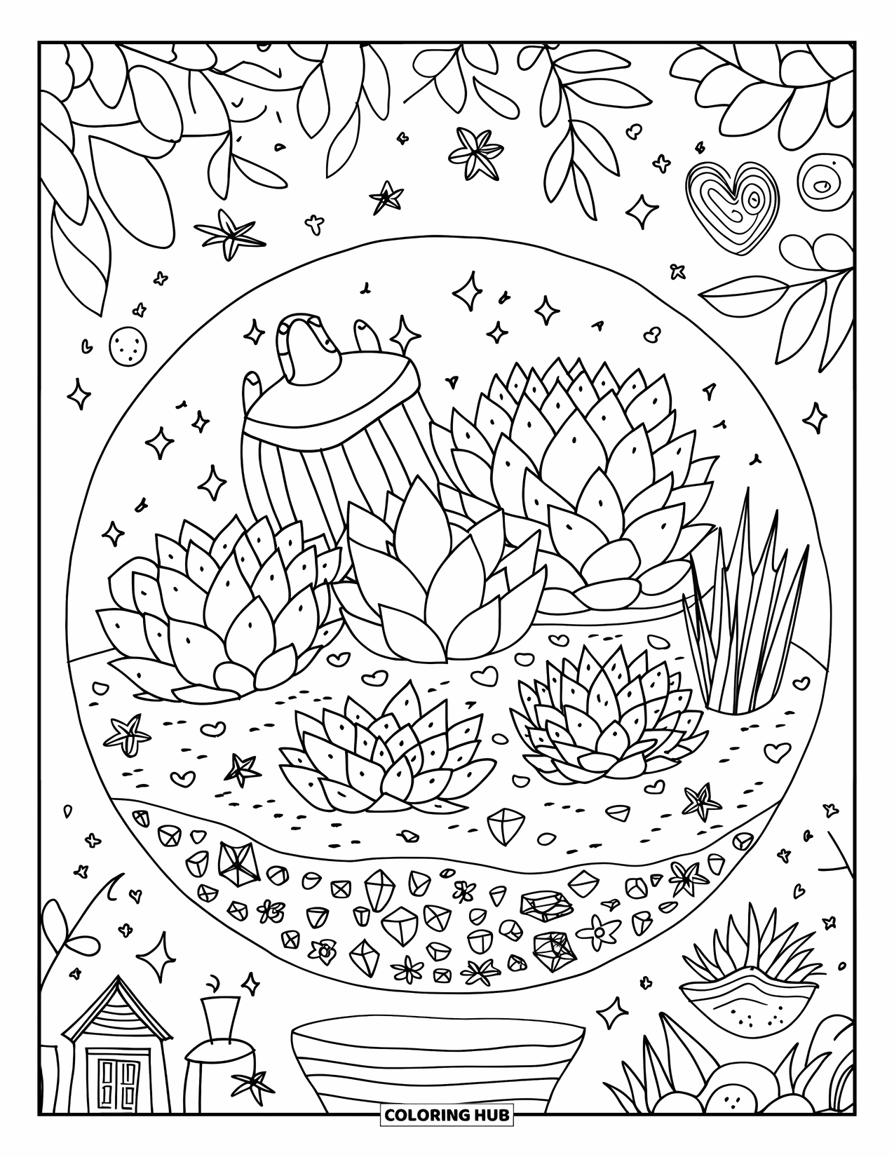 Crystal Coloring Page for Adults: A round terrarium with heart-shaped succulents, tiny stars, and miniature elements like a house and teapot