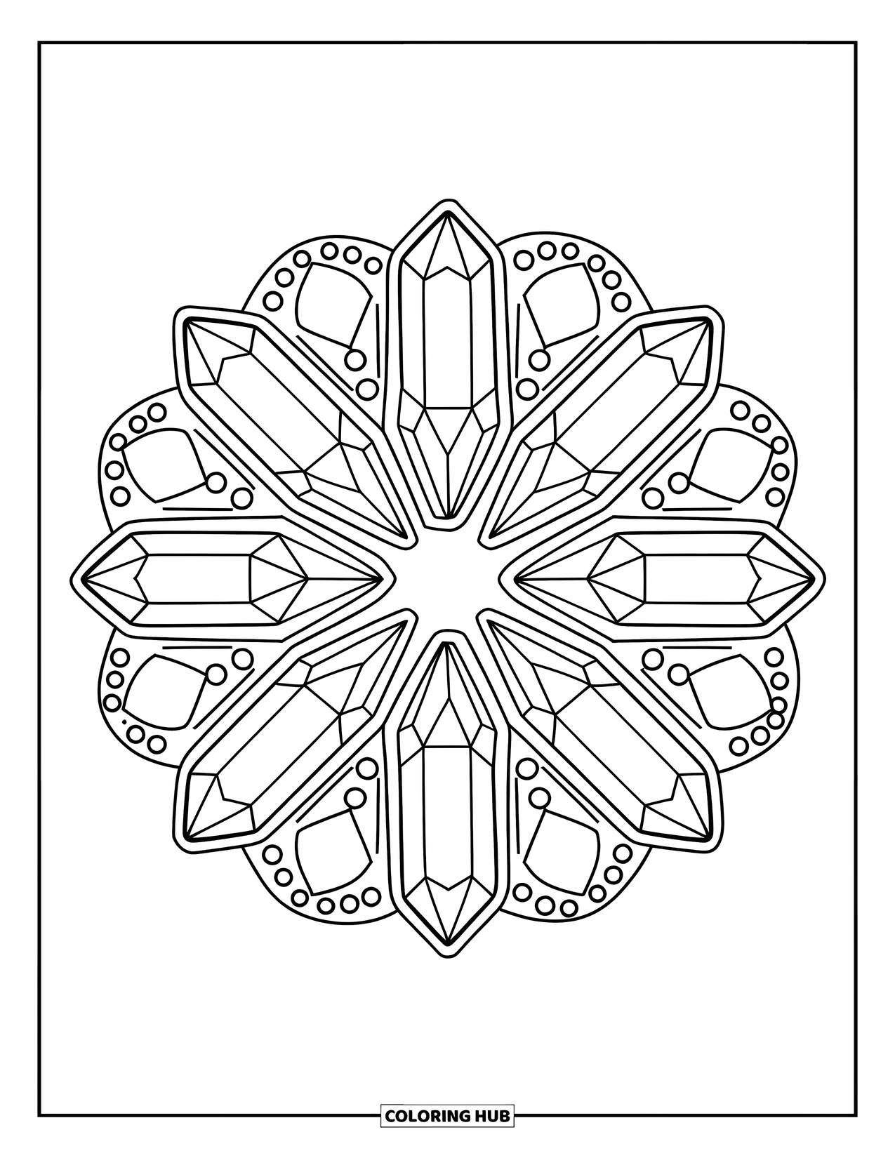 Crystal Coloring Page for Adults: A symmetrical crystal arrangement with decorative dots and lines filling the gaps
