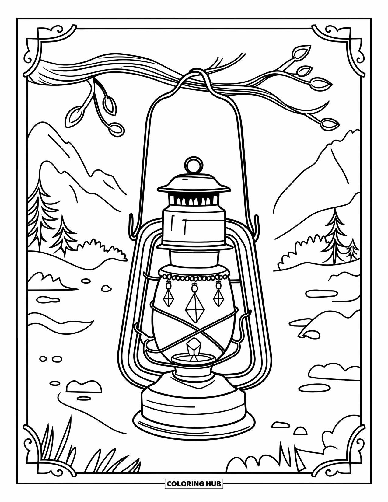 Crystal Coloring Page for Adults: A vintage lantern with crystals hanging from its edges, set in a serene landscape