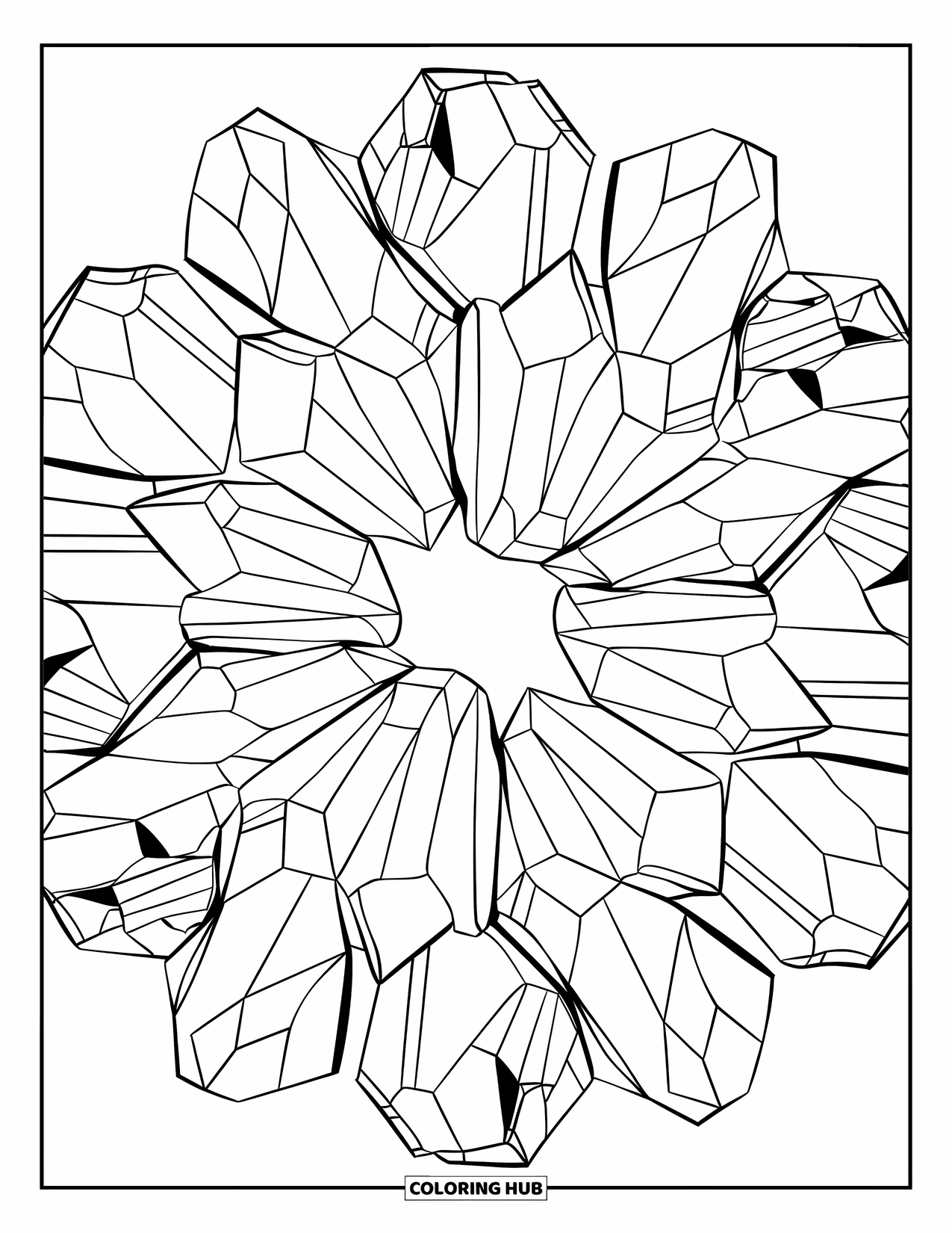 Crystal Coloring Page for Adults: An abstract pattern of overlapping crystals arranged in a circular design