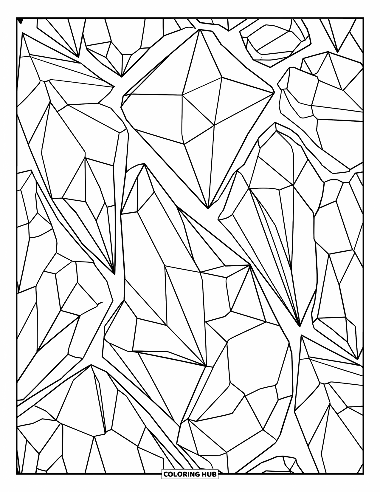 Crystal Coloring Page for Adults: An abstract pattern of overlapping crystals, each facet outlined for mindful coloring