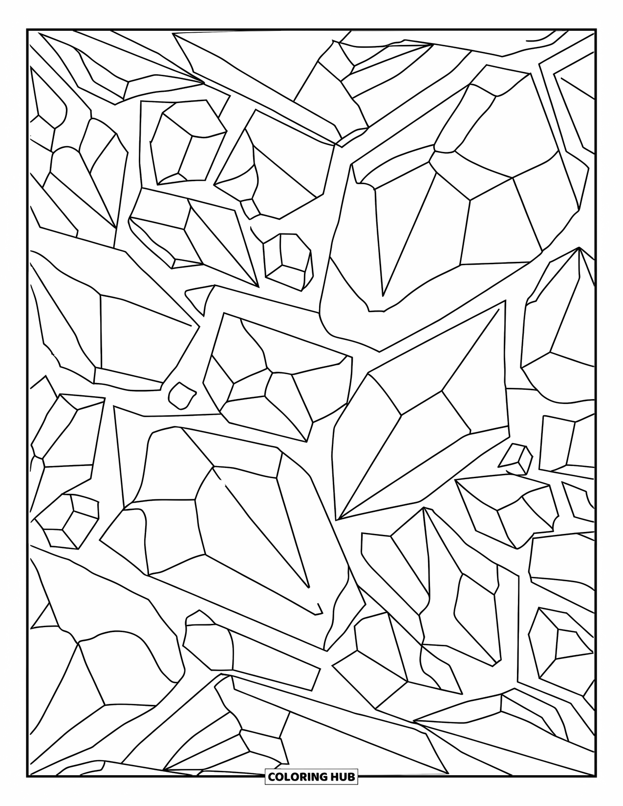 Crystal Coloring Page for Adults: An abstract pattern of overlapping crystals with clean, bold outlines and intricate details
