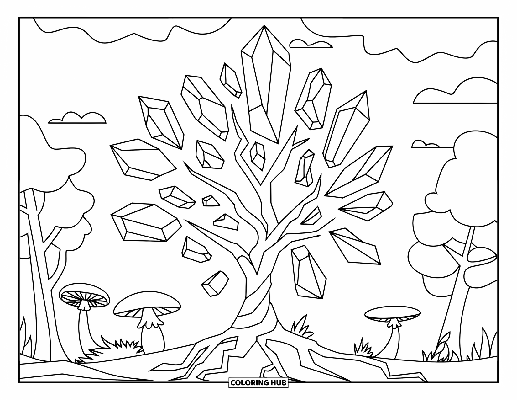 Crystal Coloring Page for Adults: An enchanted tree with crystal leaves and roots, surrounded by mushrooms and trees