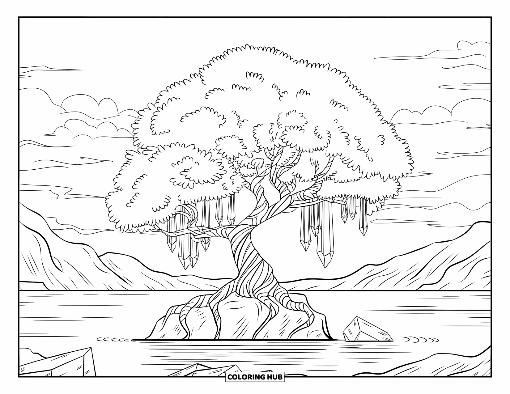 Crystal Coloring Page for Adults: An enchanted tree with crystal leaves, standing on a rock in a serene lake