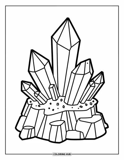 Desenho de Cristal para Colorir para Crianças: Um aglomerado de cristais crescendo de uma pequena base de rocha com seções claras