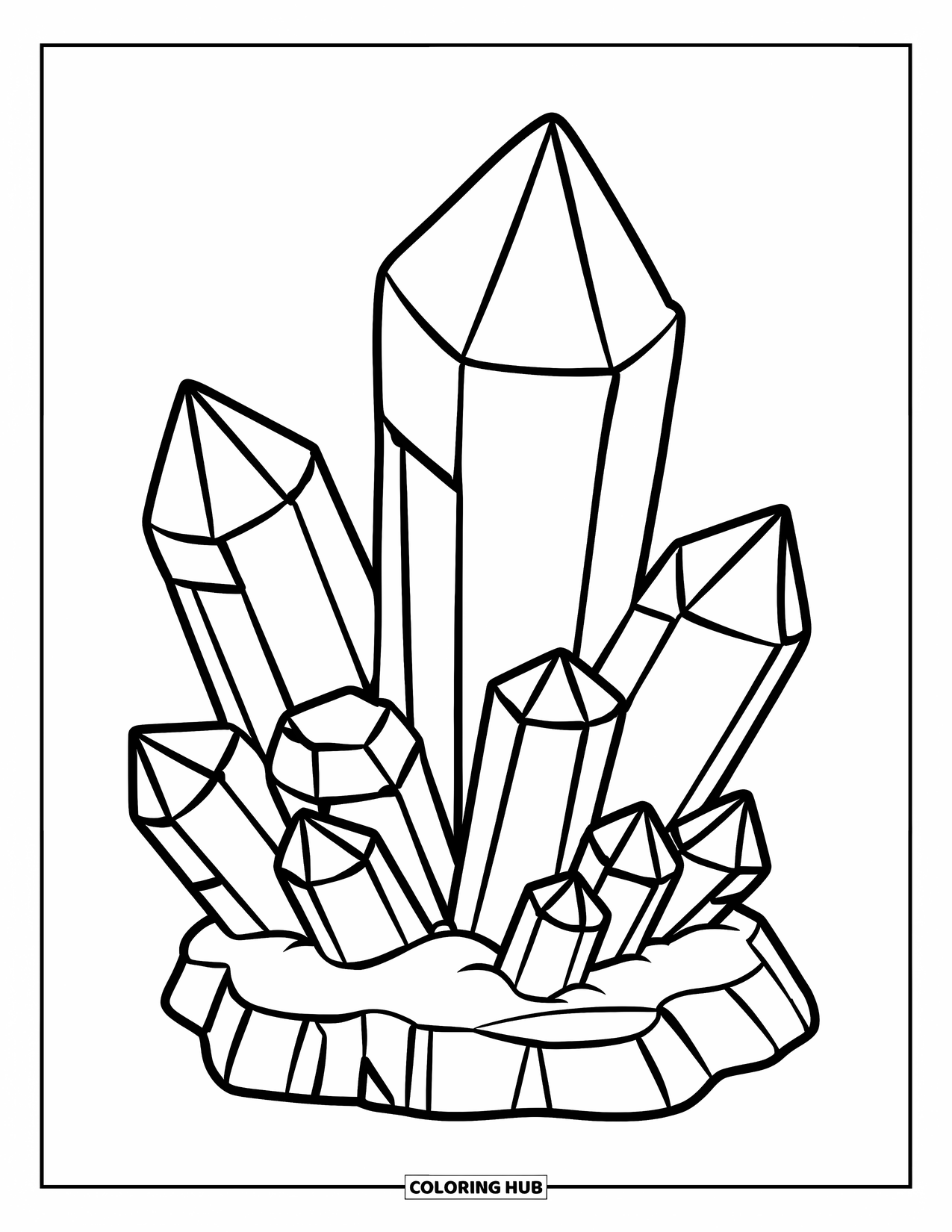 Crystal Coloring Page for Kids: A cluster of medium-sized crystals growing from a small rock base
