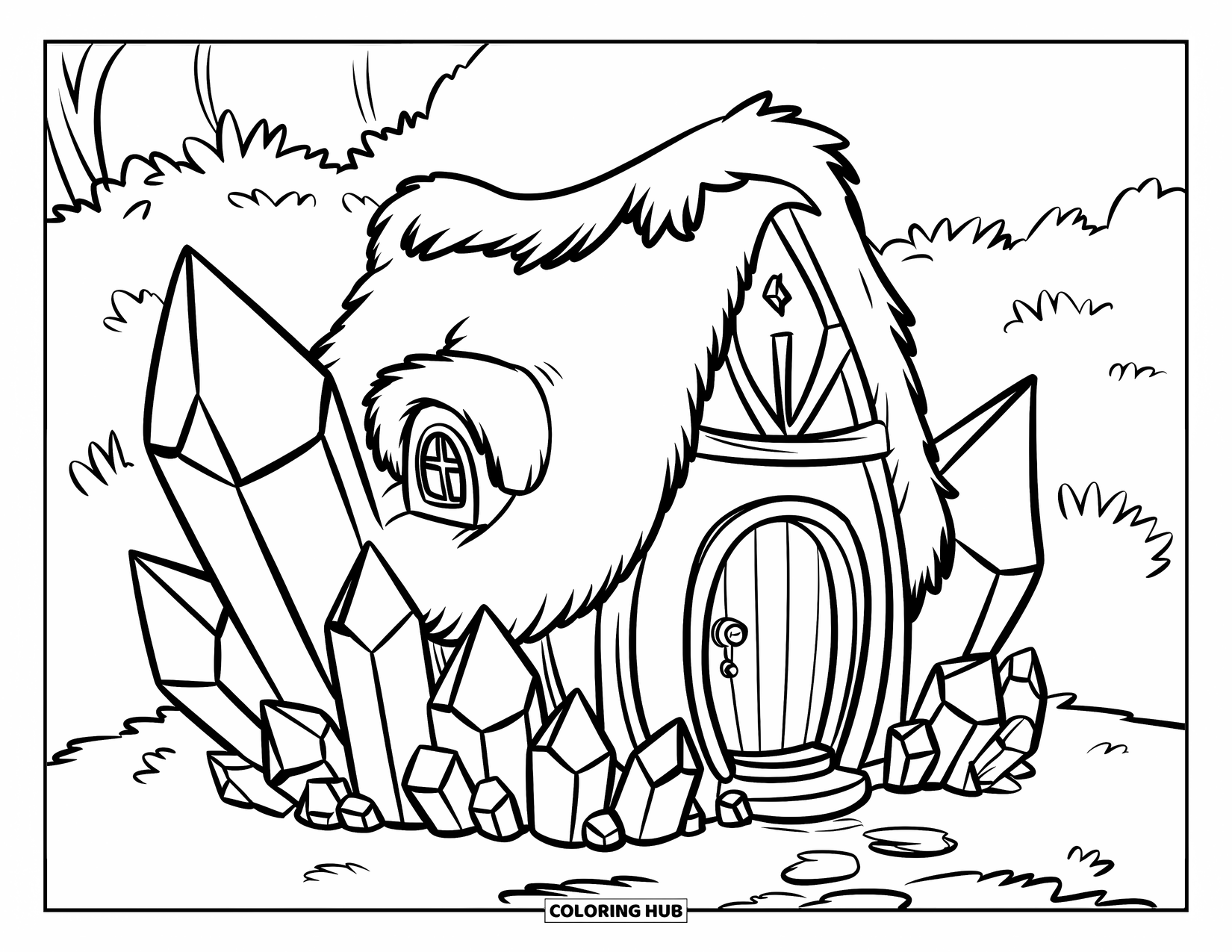 Crystal Coloring Page for Kids: A cozy house with crystals, a thatched roof, and a lush green meadow