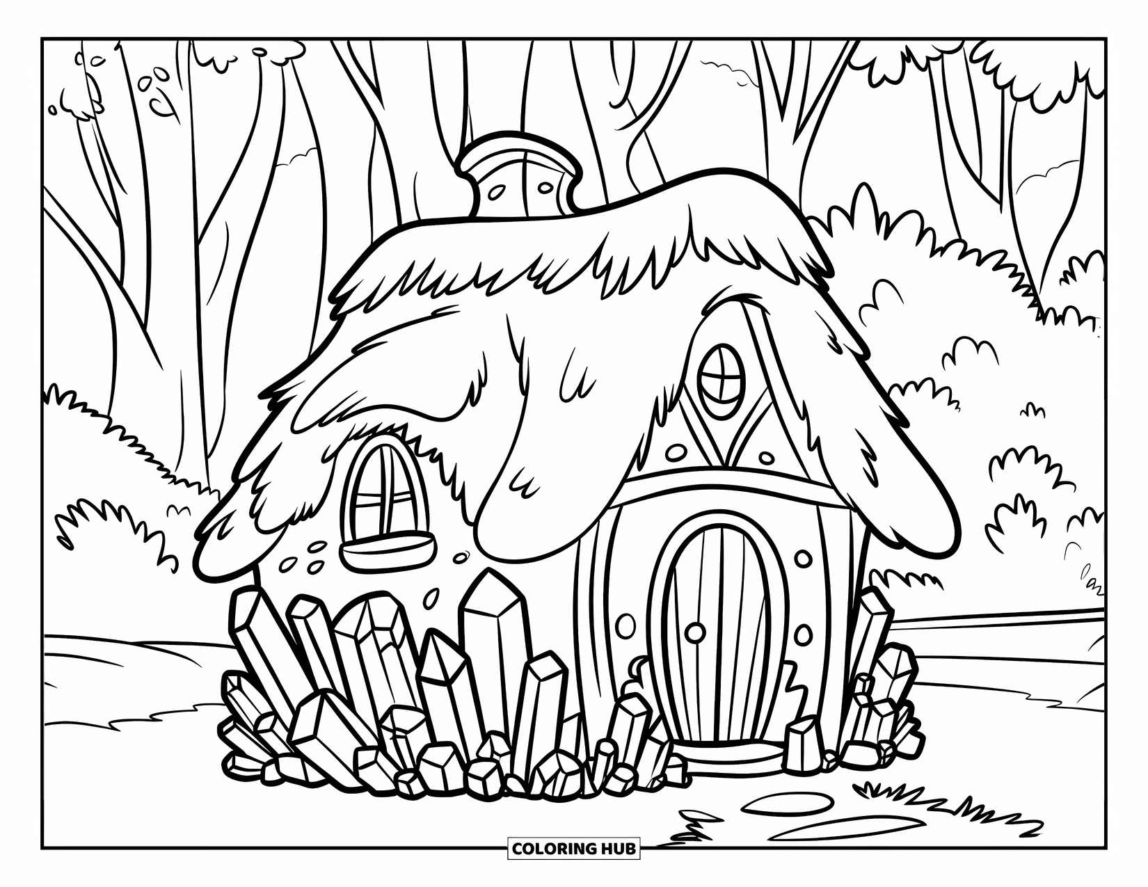 Crystal Coloring Page for Kids: A cozy house with crystals growing around it in a forest setting