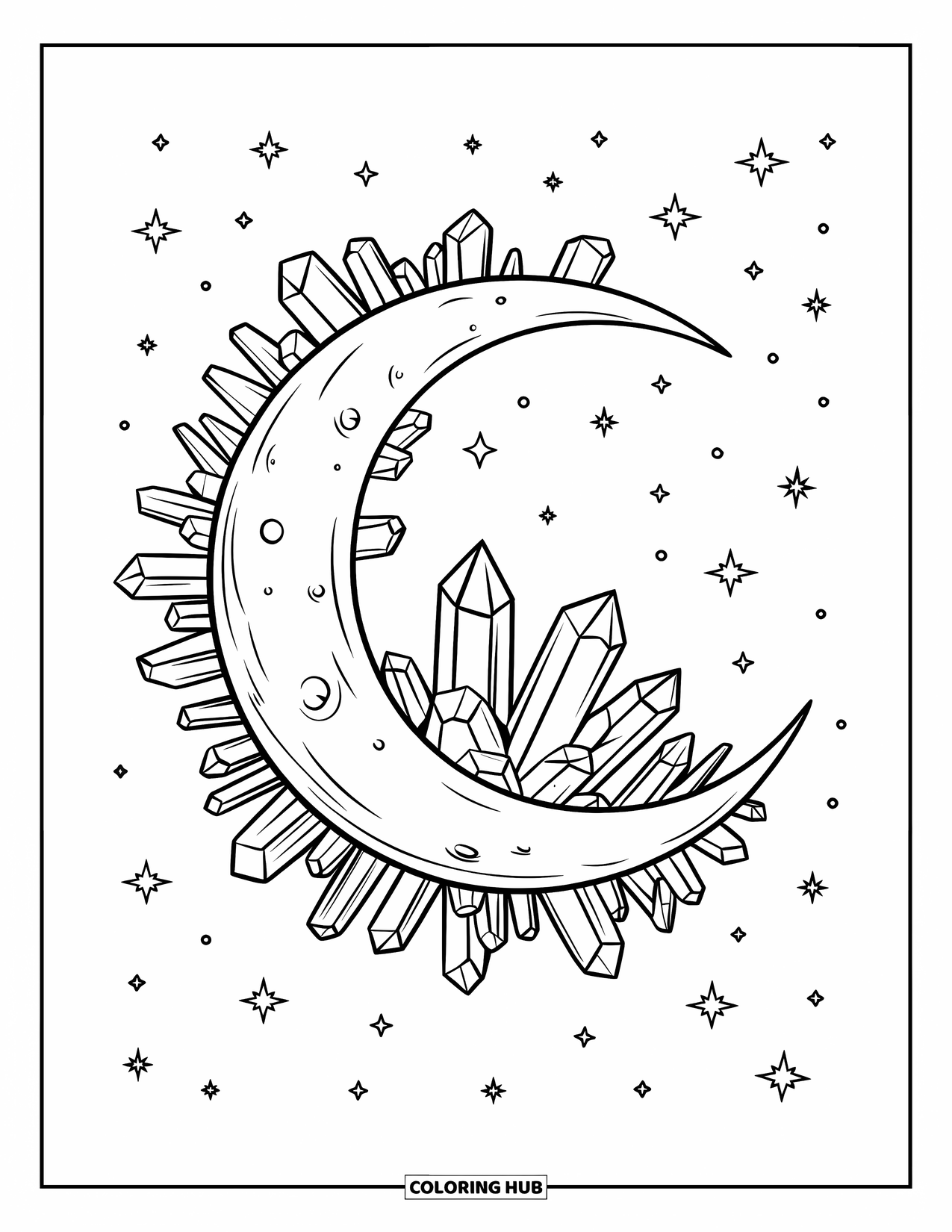 Crystal Coloring Page for Kids: A crescent moon with crystals along its curve, set against a starry night sky