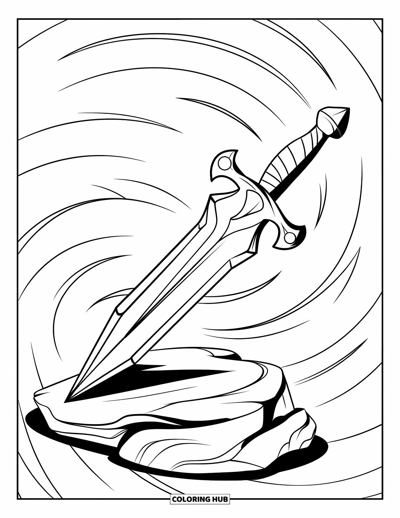 Crystal Coloring Page for Kids: A crystal dagger resting on a rock, surrounded by swirling lines and a leather-wrapped hilt