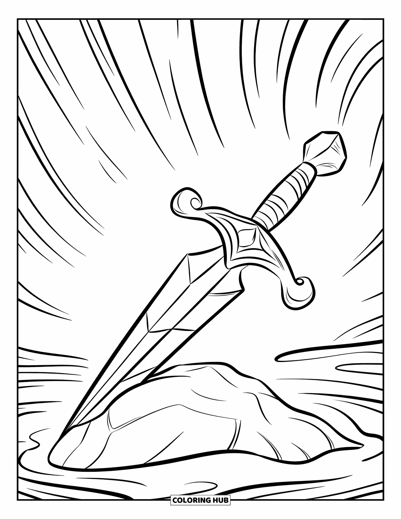 Crystal Coloring Page for Kids: A crystal dagger resting on a smooth rock with swirling lines around it, creating a mystical vibe