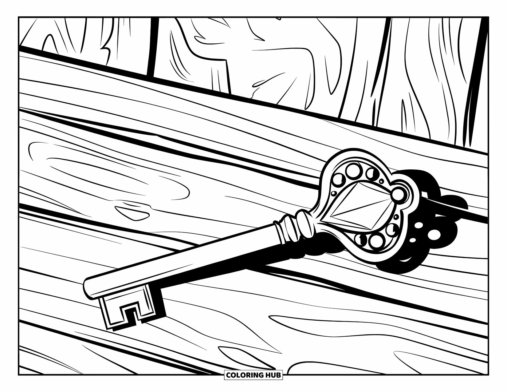 Crystal Coloring Page for Kids: A crystal-encrusted key with a decorative handle lying on a wooden surface